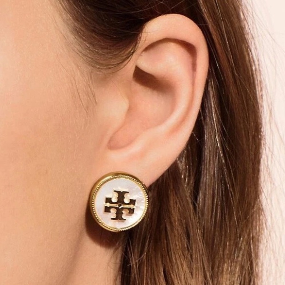 Tory Burch semiprecious lapis blue round button stud logo earrings - Picture 10 of 10